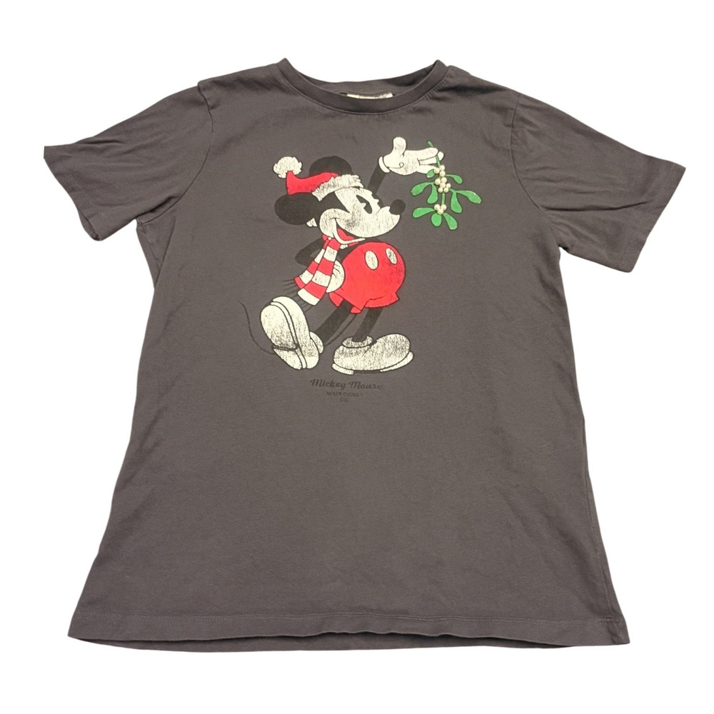 H&M Mickey Mouse Christmas T-Shirt Womens XS Grey Mistletoe Pearl Holiday Tee